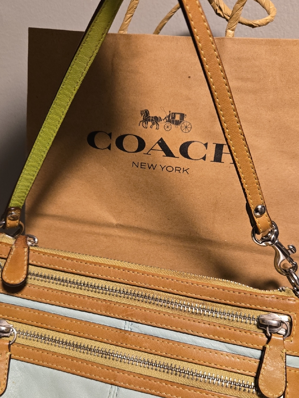COACH Two-Tone Leather Wristlet- Blue, Green and Tan - Picture 10 of 11